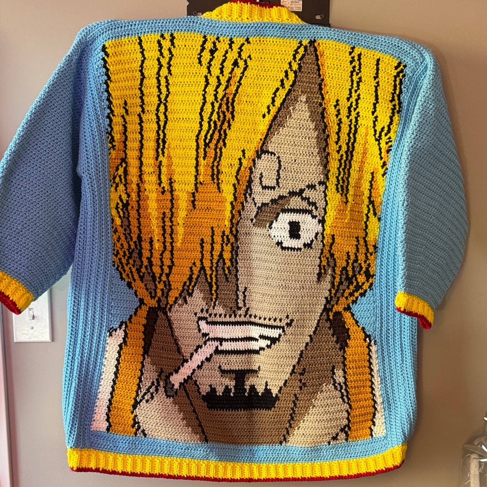 💛💙Sanji cardigan Crochet Anime  from the movie Onepiece Size L unisex💙💛